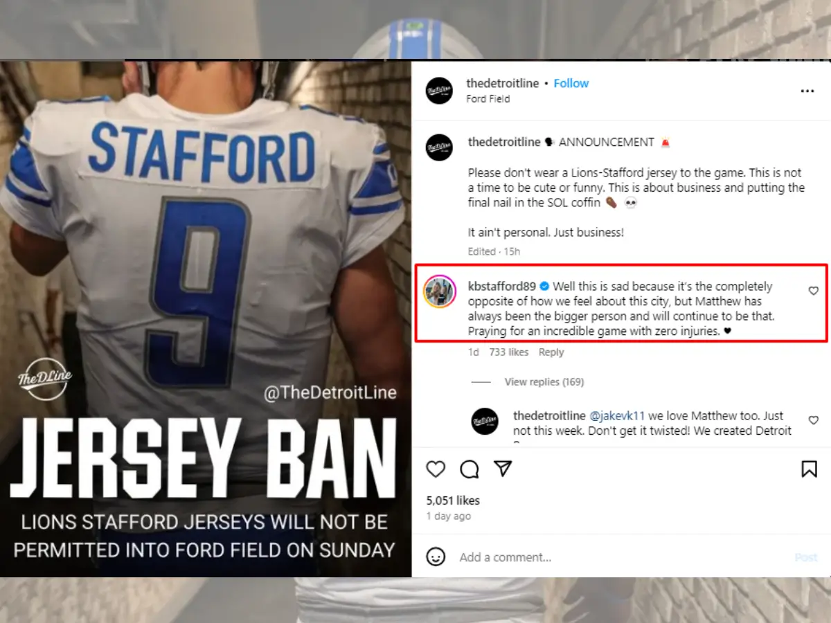 Matthew Stafford wife Kelly Stafford reacted to this ‘Jersey Ban’